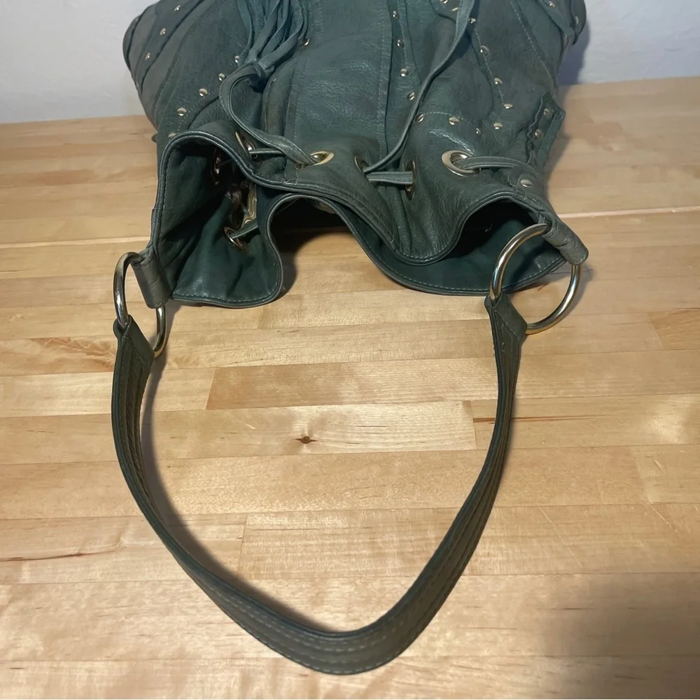 Vintage Y2K Bulga Green Leather Studded Hobo Bag Drawstring Tassel Purse